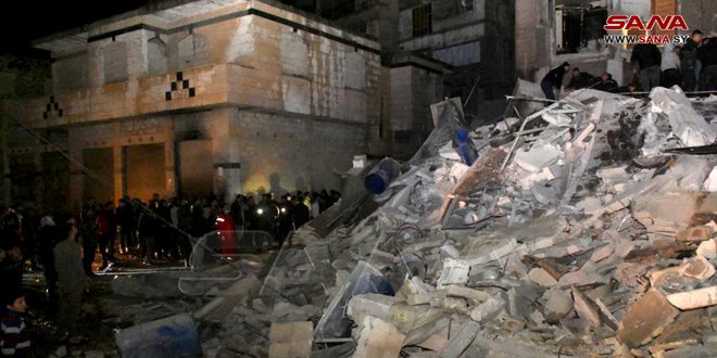 من آثار الدمار التي خلفها الزلزال في سوريا، 6 فبراير 2023. (سانا)