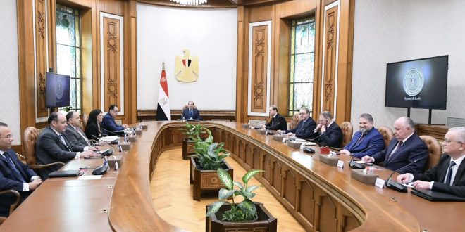 الرئيس المصري عبدالفتاح السيسي ومسؤولون روس خلال لقاء في القاهرة اليوم الأحد. (الرئاسة المصرية)