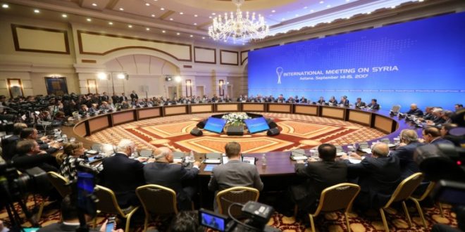 اجتماع سابق لروسيا وتركيا وإيران في اجتماع أستانة السوري (أ ف ب)