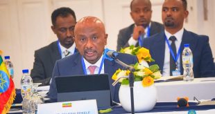 سيلشي بقلي، رئيس فريق التفاوض الإثيوبي يلقي كلمة في افتتاح جولة مفاوضات سد النهضة في أديس أباباـ السبت الماضي. (وكالة الأنباء الأثيوبية)