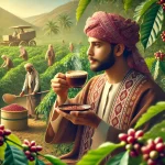 صورة تجسد ثقافة البن اليمني، حيث يظهر شاب يمني بزي تقليدي يستمتع بفنجان من القهوة، بينما يعمل المزارعون في الخلفية على حصاد حبوب البن.. صورة مولدة بالذكاء الاصطناعي